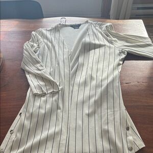 2 for $15 Striped V-Neck Longline Women's Top - Cream with Black Stripes